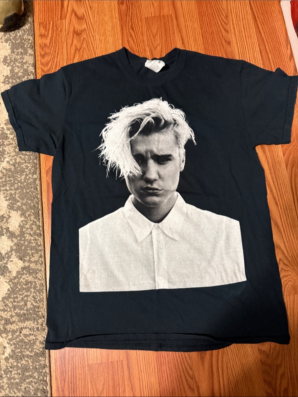 Justin Bieber purpose tour graphic-t featuring a black and white photo and tour